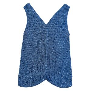 Open Weave Knit V-Neck Beaded Blue Tank Top, Women’s Sz XS/S, Beach Coastal